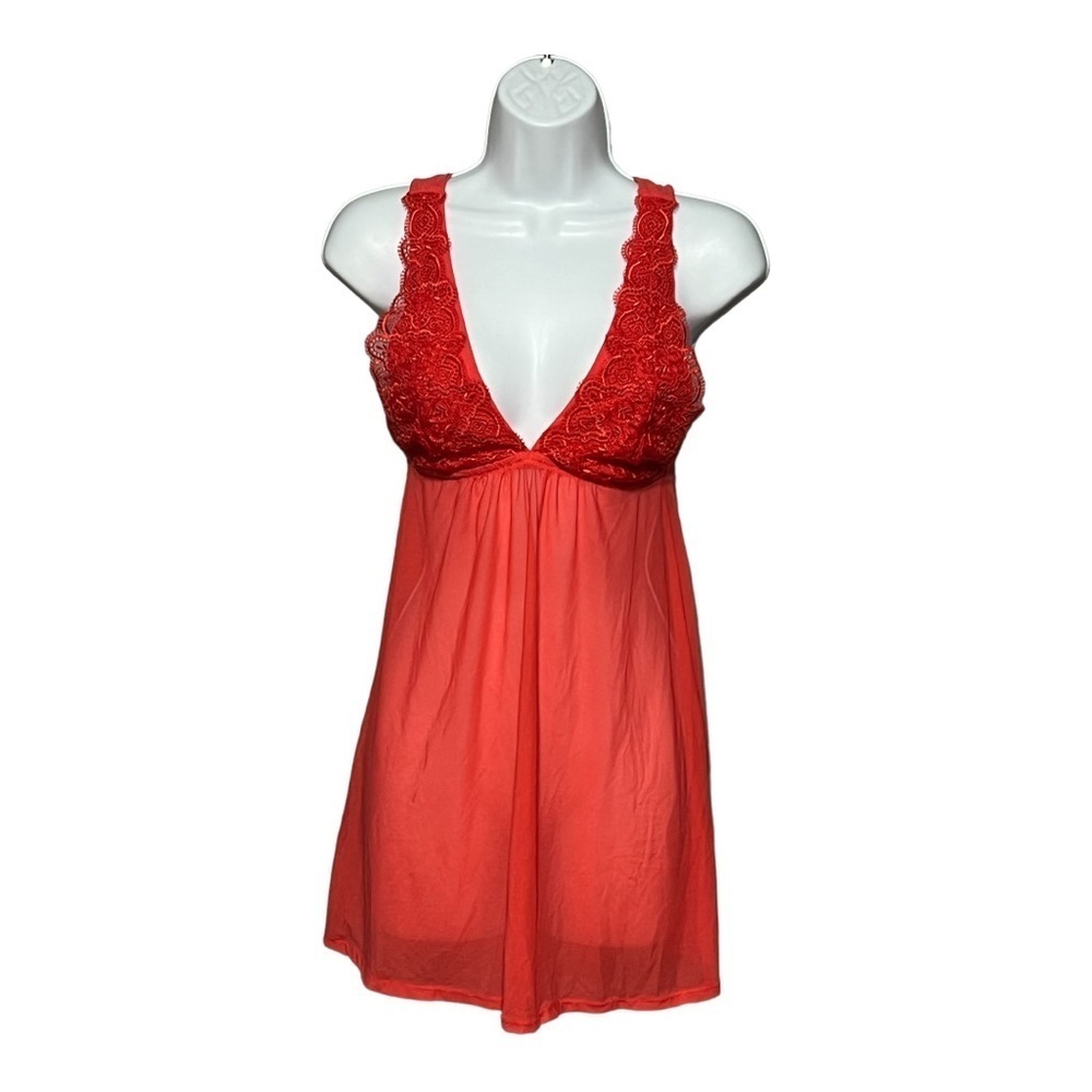 UnderElla Babydoll Lingerie Top Red Chemise w/Lurex Lace Overlay - Small